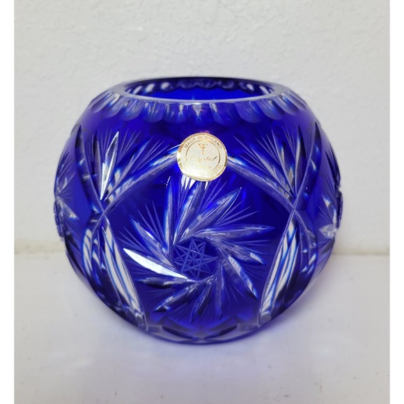 Crystal Clear Other - Cobalt Blue Cut-to-Clear Crystal Rose Bowl Made In Poland Vintage